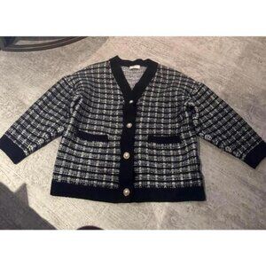 NWOT Babaton 100% Merino Wool Black and White Tweed Cardigan Sweater sz L